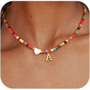 TOBENY Dainty Initial Necklaces for Women Colorful Beaded Necklaces Handmade Personalized A-Z Gifts Trendy Stuff 14K Gold Plated Bohemian Letter Choker Necklace with Heart Shaped Shells Jewelry Gift