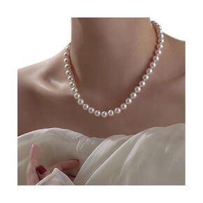 Sereney Pearl Necklaces for Women 8mm Dainty Pearl Necklace,16'' to 19.5'' Adjustable Pearl Choker Necklaces for Her as Pearl Wedding Jewelry, Round White Pearl Jewelry for Bridal