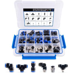 108 Pcs Quick Connect Air Hose Fittings Kit, 1/8" 3/16" 5/32" 1/4" 3/8" 1/2" Air Line Quick Connect Fittings with NPT Thread Push To Connect Fittings Pneumatic Fittings Kit Connectors for Workshops
