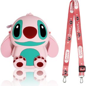 Cute Stitch Angel Crossbody Bag with Adjustable Shoulder Strap, Kawaii Pink Silicone Handbag with Zipper, Cartoon Wallet Purse Shoulder Bag Coin Pouch Accessories for Women Girls