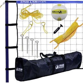 Park & Sun Spiker Sport SL Complete Portable Outdoor Volleyball Net System with Flip Net, Steel Poles, Volleyball with Pump, and Boundary,Silver