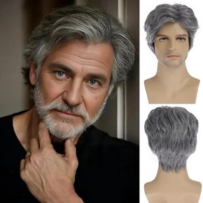 Mens Wig Grey Hair Short Layered Synthetic Natural Wigs for Halloween Party Costume