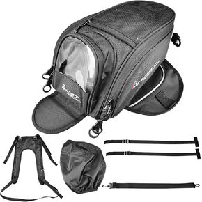 Motorcycle Tank Bag, Soft Bottom with Concealed Zipper and Clear Phone Pouch, Rain Cover and Handle, Dual Mount (7 L) Black