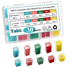 Taiss 30PCS Automotive Tall/Standard and Low Profile Box Shaped Fuses Assortment Kit, Car Fuses(20A, 30A, 40A, 50A, 60A) Suitable for Chevrolet, Ford, Nissan Pickup SUV and Other Car Fuses