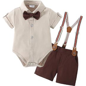 DISAUR Baby Boy Clothes Suits, Gentleman Outfit Dress Romper + Beret Hat + Suspender Pants + Bow Tie Wedding Set 3-24 Months