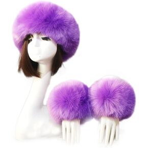 Women's Faux Fur Headband & Wrist Cuffs Set, Fluffy Fashion Cossack Style Headwear Wrist Cuffs
