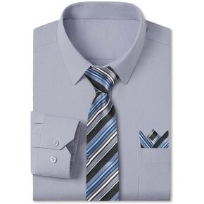 Cromoncent Mens Long Sleeve Dress Shirt and Tie Set Suit Shirt with Matching Tie and Handkerchief