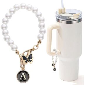 Letter Charm for Stanley Cup，Pearl Chain Accessories Stanley Cup Initial Charms for Handle Stuff Decor Water Bottle Jewelry Tumbler Cute Personalized Name ID Decorations Black Tag (B)