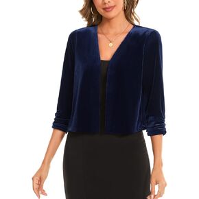 MINTLIMIT Women's Velvet Shrug Cropped Cardigan Ruched 3/4 Sleeve Open Front Cocktail Party Bolero Shrug Top for Dress