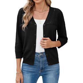 Iandroiy Women's Cropped Cardigan Lightweight Crochet Shrug 3/4 Sleeve Hollowed-Out Knit Sweater Tops