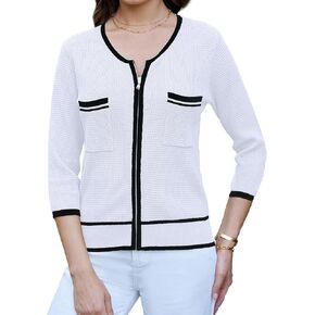 GRACE KARIN Women's 2024 Contrast Color Block Cardigan 3/4 Sleeve Cropped Sweaters Trendy Zip Up Knit Shrug with Pocket