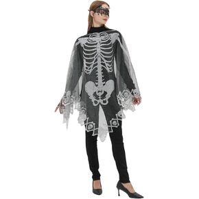 Halloween Costumes for Women,Women's Halloween Skeleton Cape Poncho,Gifts for Women,Includes Halloween Masquerade Mask (Black)
