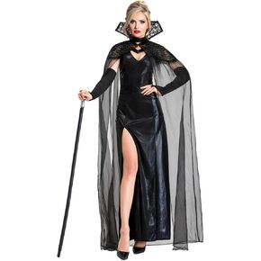 Joukavor Gothic Long Black Tulle Vampire Cape with Stand-Up Lace Collar for Women
