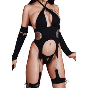MOEFLAVOR Onyx Cosplay Lingerie for Women - 4 Piece Set Padded and Double Lined - Black Bodysuit - Sexy Anime Cosplay Outfits