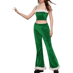 ICNGLKSND Women Christmas Costume Set 2Pcs Santa Outfits Velvet Bodycon Cami Top+Fur Trim Pants Cosplay Suit