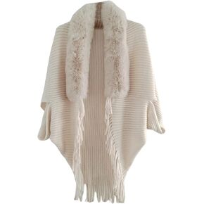 Verdusa Women's Faux Fur Collared Poncho Sweater Chunky Knit Fringe Shawl Wraps