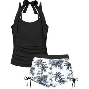 Girls Swimsuit 2 Piece Halterneck Girls Tankini Swimsuit Drawstring Printed Swim Shorts Girls Bathing Suit for 7-16T