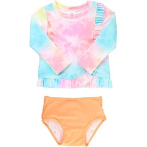RuffleButts Baby/Toddler Girls Ruffled Long Sleeve Rash Guard 2-Piece UPF50+ Sun Protected Swimsuit
