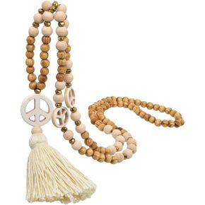 Holibanna Women Tassel Charm Pendant Necklace Wooden Beads Peace Sign Sweater Necklace