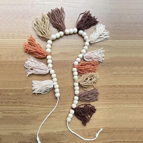 Boho Hanmade Wood Beads Garland with Tassels + 2 Hooks| Yarn Fabric Decor for Nursery, Shower, Classroom, Birthday & Thanksgiving| Decorations, Western Fall Banner (Brown)