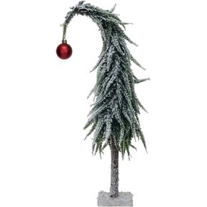 Creative Co-Op Tall Faux Evergreen Tree with Wood Base and Snow Finish, Green and Red