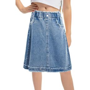 Girl’s Denim Skirt Casual Midi Knee Length Skirts with Pockets Elastic High Waist A Line Jean Skirt 5-14 Years
