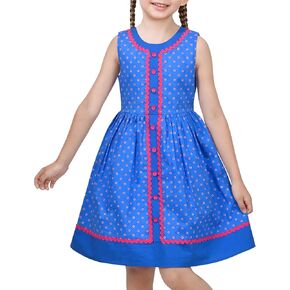 Sunny Fashion Girls Dress Blue Polka Dot Pocket Pleated Summer Sleeveless Cotton