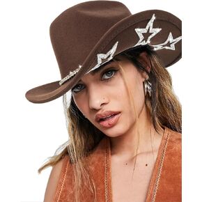 Bling Rhinestone Western Cowgirl Hat for Women Men, Rolled Up Sparkly Star Felt Fedora, Retro Rodeo Panama Cowboy Hat