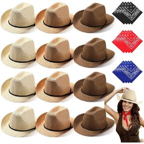 SATINIOR 12 Set Straw Cowboy Caps and Bandanas Cowboy Party cap Costume Head Bandana Bulk Western Accessories(Beige, Khaki, Brown, Classic Style)