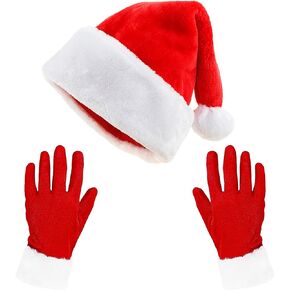 Christmas Hat and Furry Hand Gloves for Adult, Green Santa Hat Props, Christmas Costume Accessories Set for Men Women