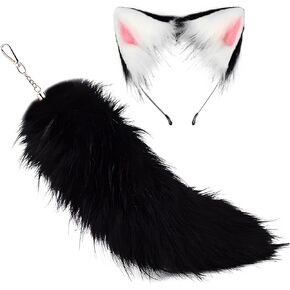 2 Pcs Fox Wolf Cat Ear Headband and Tail Keychain Furry Fancy Party Party Costume Gift Therian Stuff Tail Gear Wolf Ear