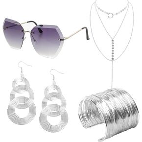 4 Piece 70s Disco Accessories for Party Halloween Cosplay 70s Disco Costume Accessory Set for Women with Luxuriant Coil Bracelet Disco Sunglasses Triple-layered Choker and Silver Disco Earrings
