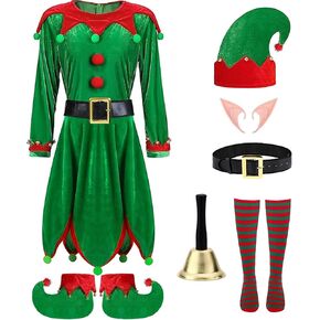 7 Pcs Women Christmas Elf Costume Set Santa's Helper Velvet Dress Xmas Outfit Elf Ears Hat Shoes Belt Socks Bell