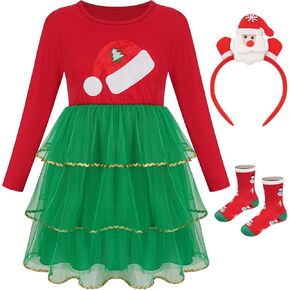 Christmas Dress Santa Hat Tulle Dresses Outfit with Accessories Headband and Socks