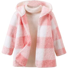 Girl's Plaid Hooded Fleece Coat Open Front Jacket without Sweater Winter Outerwear