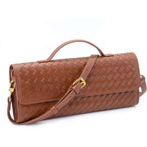 Woven Clutch Purse Ladies Top Handle Handbag Leather Crossbody Shoulderbag with Detachable Strap