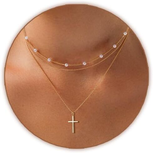 Layered Necklaces for Women Gold Plated 14K Dainty Cross Chain Trendy Pearl Choker Satellite Charm Small Crucifix Pendant Gold Necklace Stack Non Tarnish Hypoallergenic Delicate Gift for Women in Saudi Arabia