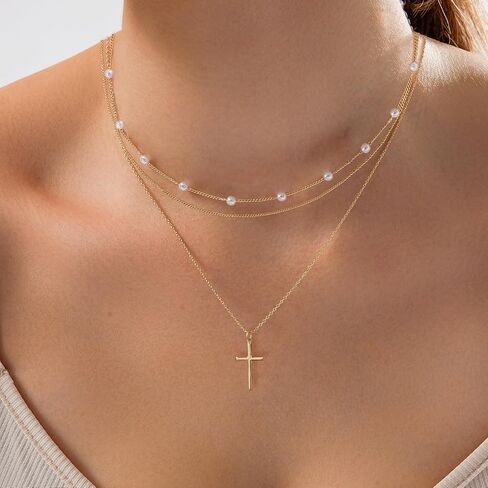 Layered Necklaces for Women Gold Plated 14K Dainty Cross Chain Trendy Pearl Choker Satellite Charm Small Crucifix Pendant Gold Necklace Stack Non Tarnish Hypoallergenic Delicate Gift for Women in Saudi Arabia