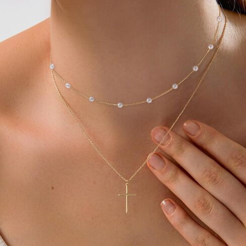 Layered Necklaces for Women Gold Plated 14K Dainty Cross Chain Trendy Pearl Choker Satellite Charm Small Crucifix Pendant Gold Necklace Stack Non Tarnish Hypoallergenic Delicate Gift for Women in Saudi Arabia