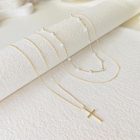 Layered Necklaces for Women Gold Plated 14K Dainty Cross Chain Trendy Pearl Choker Satellite Charm Small Crucifix Pendant Gold Necklace Stack Non Tarnish Hypoallergenic Delicate Gift for Women in Saudi Arabia