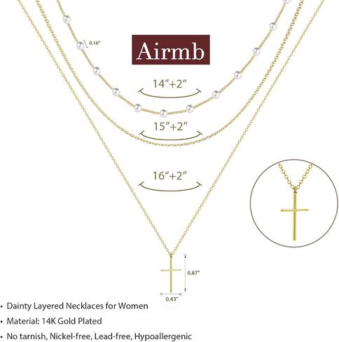 Layered Necklaces for Women Gold Plated 14K Dainty Cross Chain Trendy Pearl Choker Satellite Charm Small Crucifix Pendant Gold Necklace Stack Non Tarnish Hypoallergenic Delicate Gift for Women in Saudi Arabia