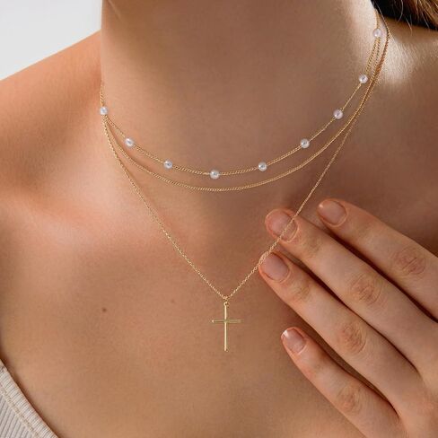 Layered Necklaces for Women Gold Plated 14K Dainty Cross Chain Trendy Pearl Choker Satellite Charm Small Crucifix Pendant Gold Necklace Stack Non Tarnish Hypoallergenic Delicate Gift for Women in Saudi Arabia