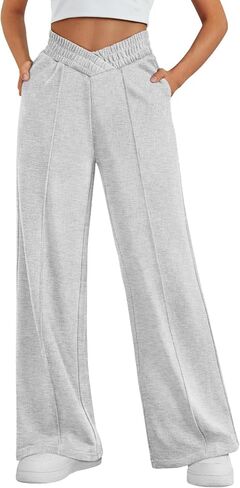 Trendy Queen Wide Leg Sweatpants Women Fashion High Waisted Baggy Flared Pants Loose Fit Athletic Joggers with Pockets in Saudi Arabia