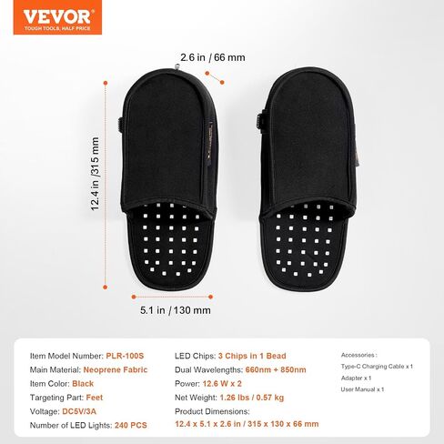 VEVOR Red Light Therapy for Foot, 660nm & 850nm Red Light Therapy Slipper with 240 LEDs & 10 Hz/40 Hz Pulse Mode, Double-Sided LED Light Therapy Shoe for Foot Toe Instep Sole Pain Relief, Muscle Relax in Kuwait