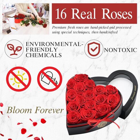 16-Piece Forever Roses, Heart-Shaped Box with a Curved Design, Forever Flowers, Grade A Quality-Preserved Roses, Preserved Flowers, Beautiful Rose for Christmas Mothers Day & Valentines Day in Saudi Arabia