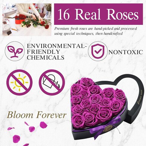 16-Piece Forever Roses, Heart-Shaped Box with a Curved Design, Forever Flowers, Grade A Quality-Preserved Roses, Preserved Flowers, Beautiful Rose for Christmas Mothers Day & Valentines Day in Saudi Arabia