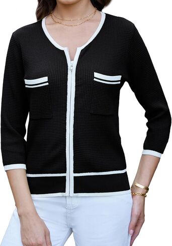 GRACE KARIN Women's 2024 Contrast Color Block Cardigan 3/4 Sleeve Cropped Sweaters Trendy Zip Up Knit Shrug with Pocket in Saudi Arabia