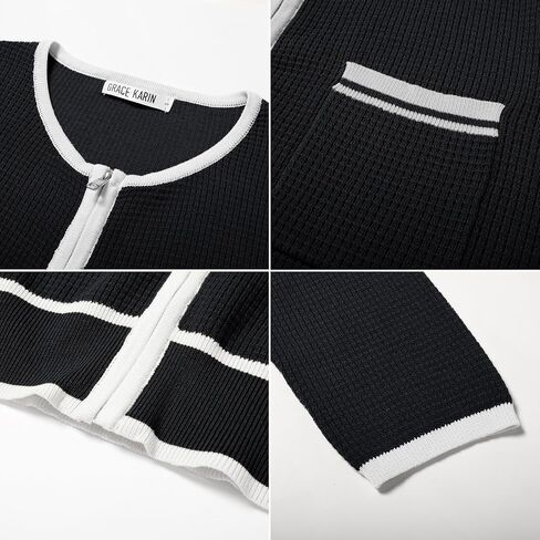 GRACE KARIN Women's 2024 Contrast Color Block Cardigan 3/4 Sleeve Cropped Sweaters Trendy Zip Up Knit Shrug with Pocket in Saudi Arabia