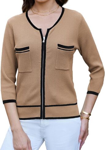 GRACE KARIN Women's 2024 Contrast Color Block Cardigan 3/4 Sleeve Cropped Sweaters Trendy Zip Up Knit Shrug with Pocket in Saudi Arabia