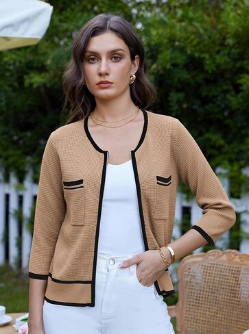 GRACE KARIN Women's 2024 Contrast Color Block Cardigan 3/4 Sleeve Cropped Sweaters Trendy Zip Up Knit Shrug with Pocket in Saudi Arabia